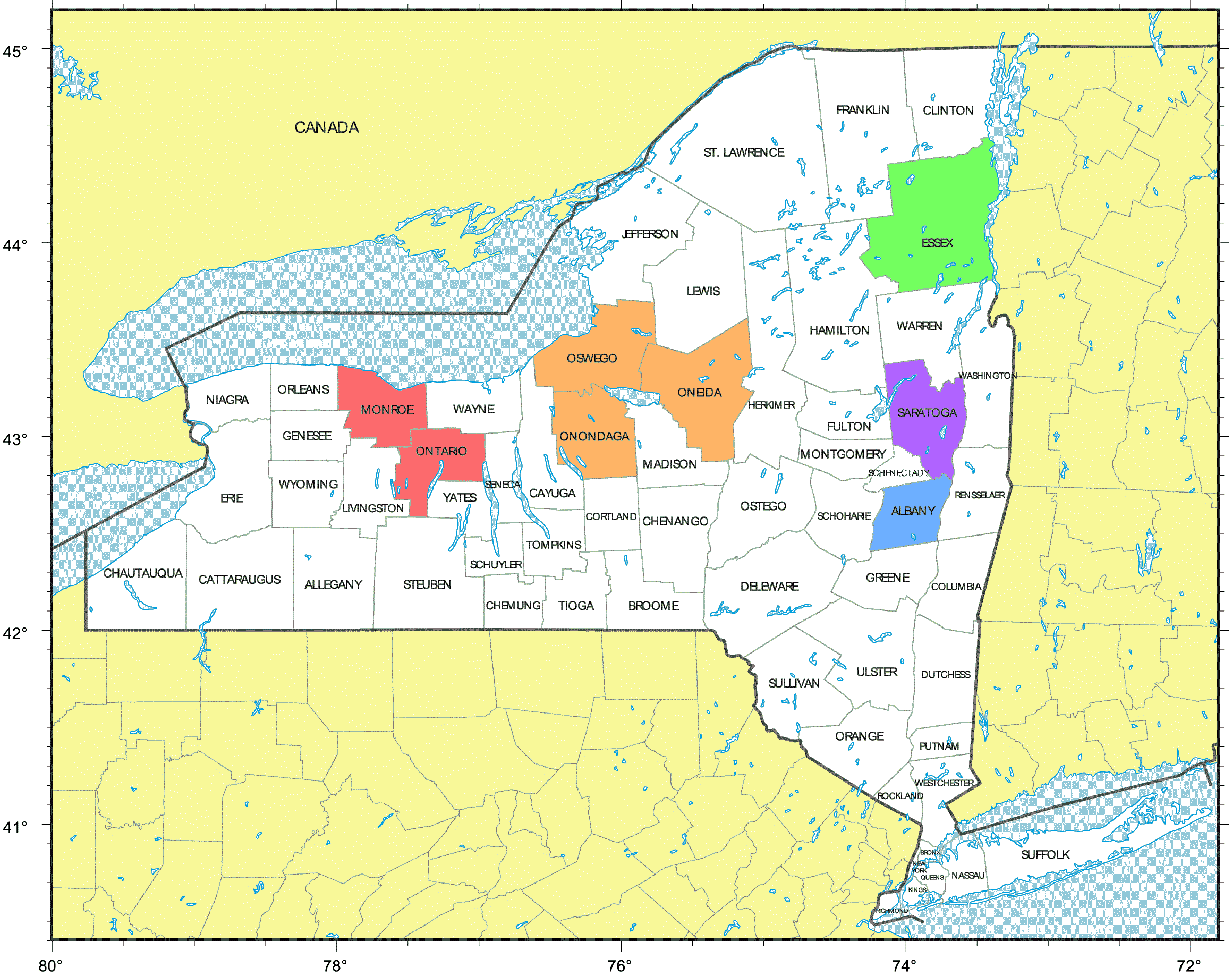 NY map showing the counties with Dreimillers living in them